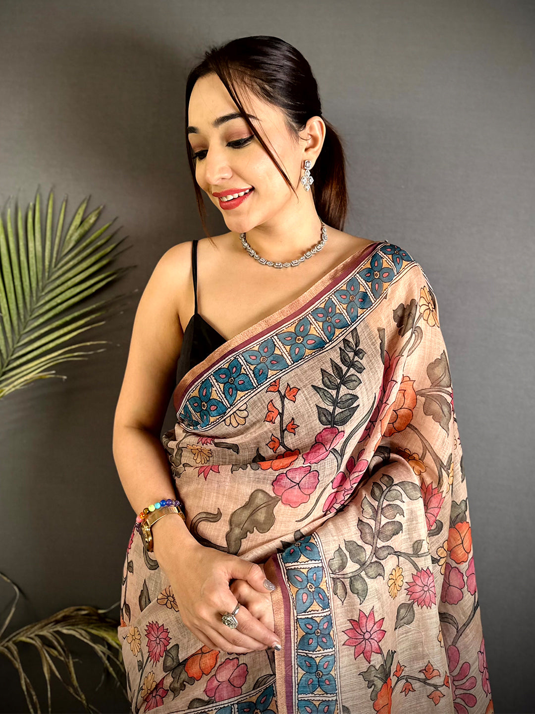 Opulent Floral Kalamkari Soft Linen Saree


