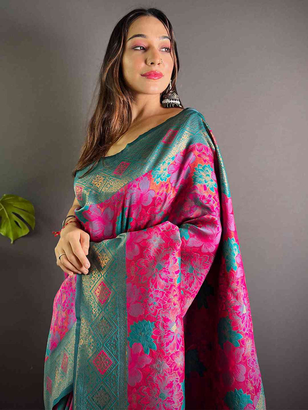 Deep pink soft silk saree with intricate butta weaving