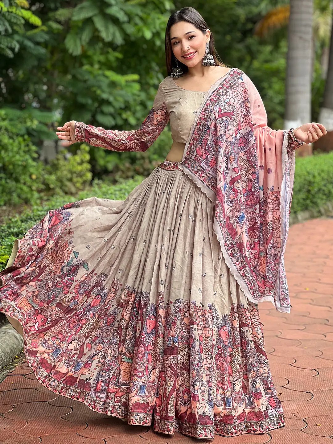 Traditional Beige Lehenga Set featuring Kalamkari art