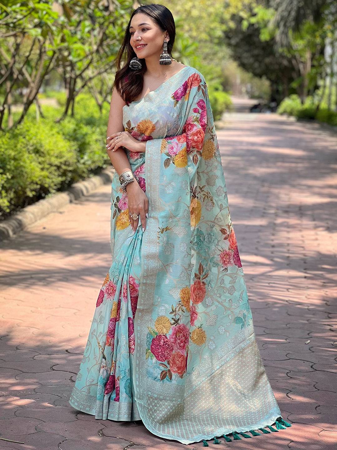 Elegant floral Light Green Lakhnavi Bandla Zari Weaving Saree