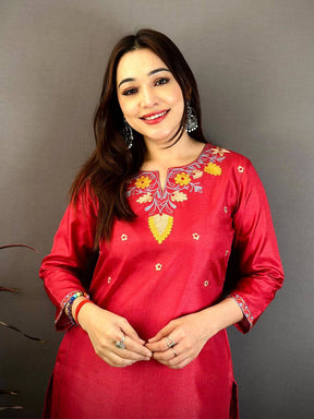 Brick Red Ari Work Cotton Zari Kurti