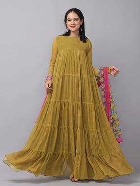 Flowing mustard olive multi layered dress