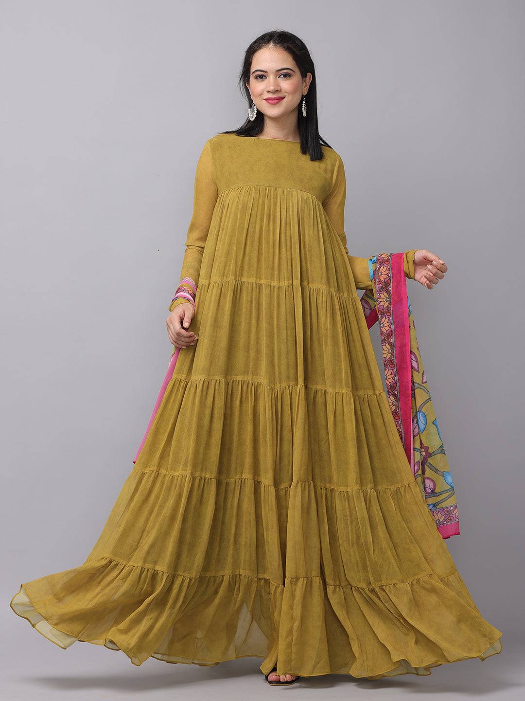 Flowing mustard olive multi layered dress