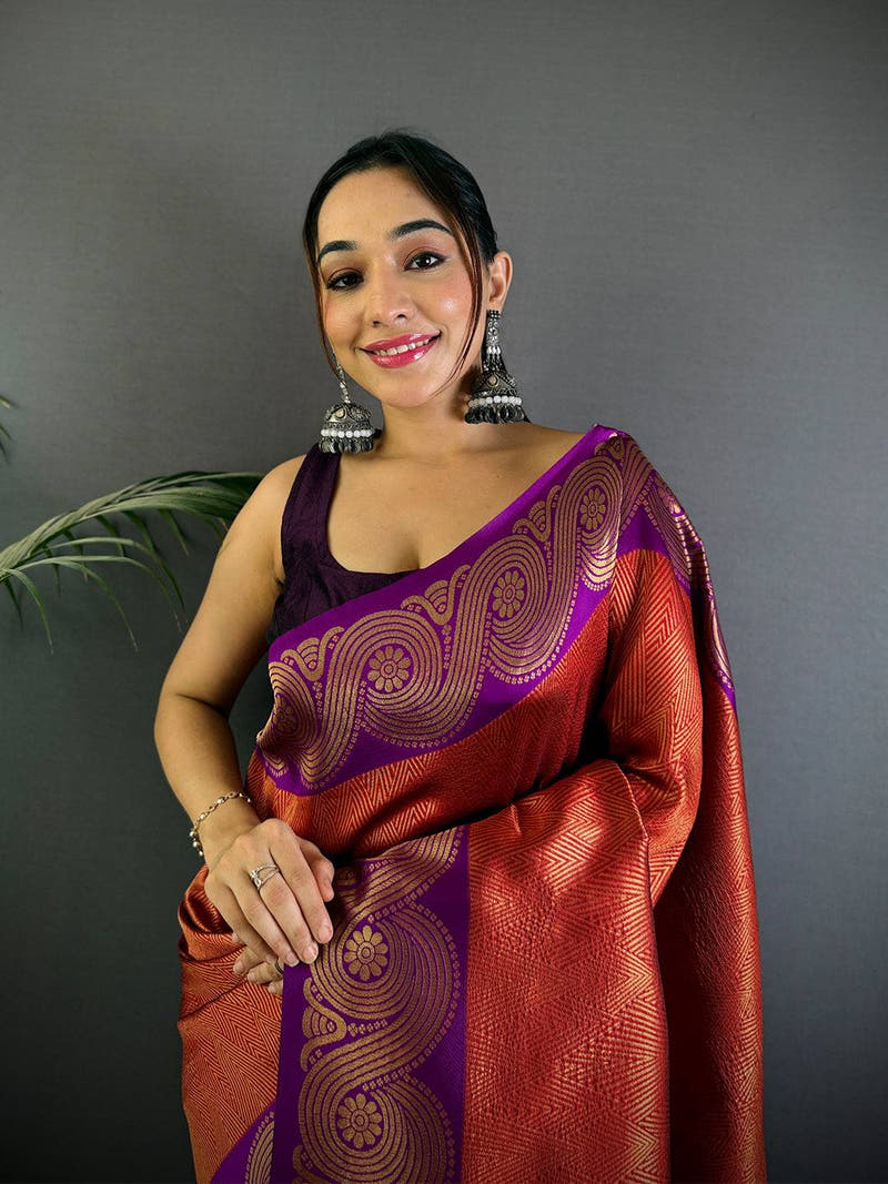 Rust Orange Banarasi Katan Silk Saree