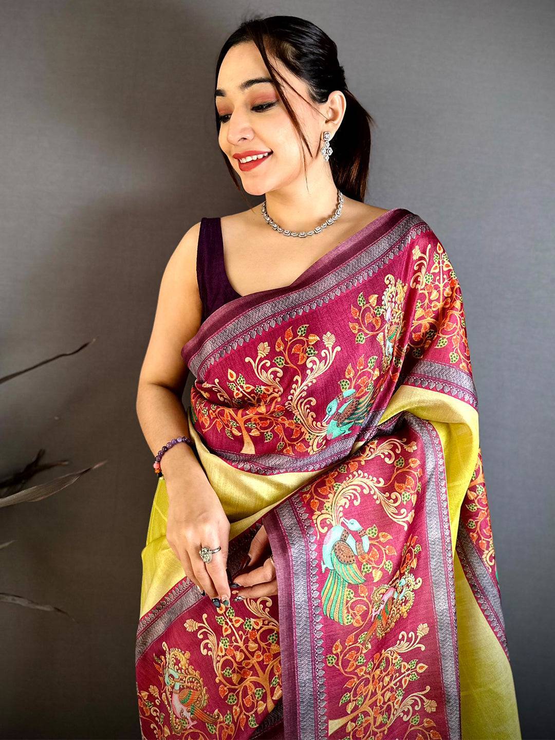 Mustard Yellow Pen Kalamkari Saree