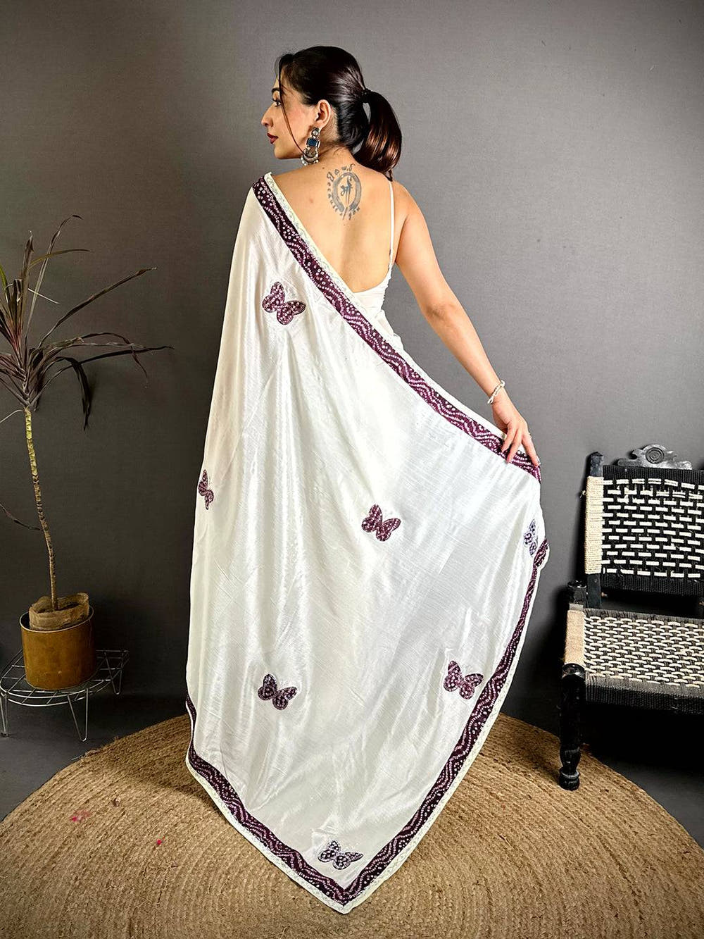 Wine Soft Chinnon Butterfly Butta Saree