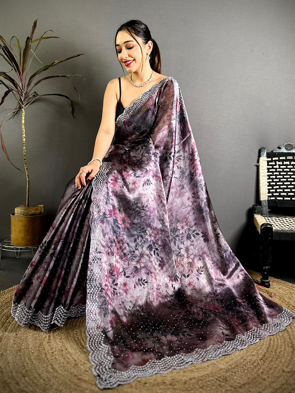 Imported Glass Satin Silk Diamond Work Saree