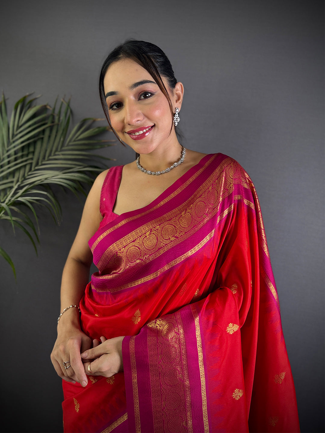 Rose Red Gadwal Border Soft Silk Saree
