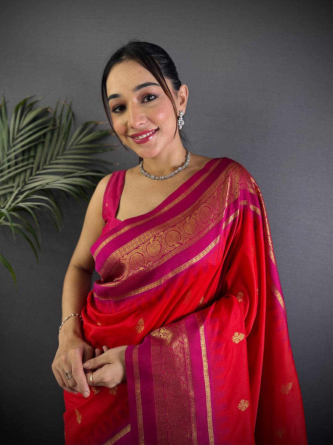 Rose Red Gadwal Border Soft Silk Saree