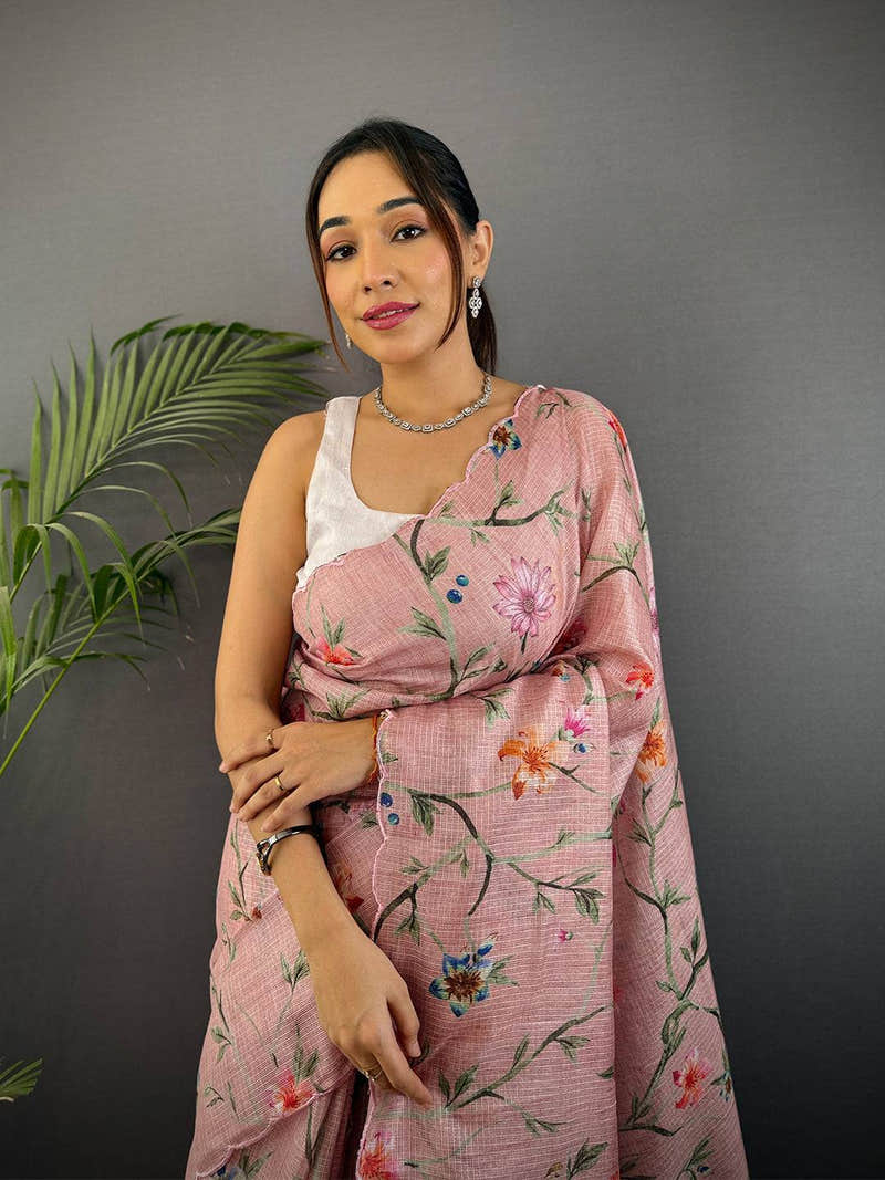 Light Pink Soft Kota Floral Print Saree