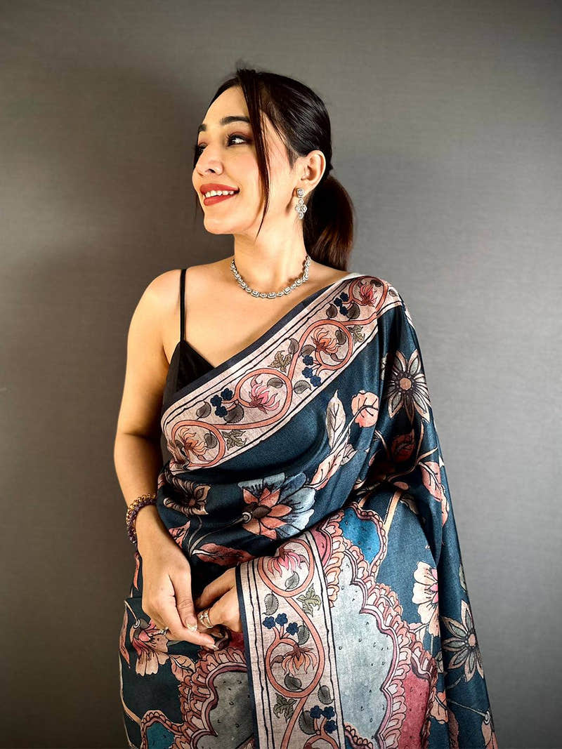 Artistic Dark Floral Soft Tussar Saree