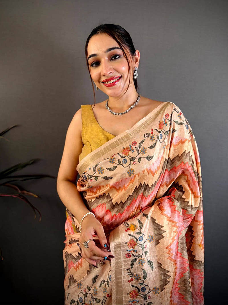 Heritage Kalamkari Ikkat Soft Tussar Saree