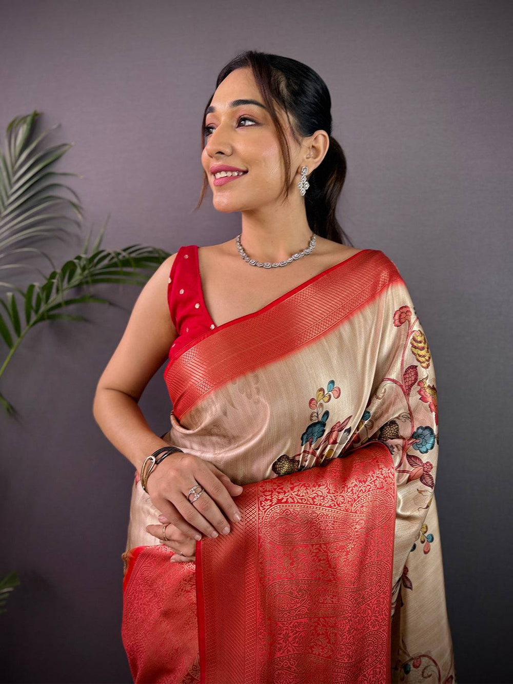 Beige Cherry Satin Kalamkari Saree
