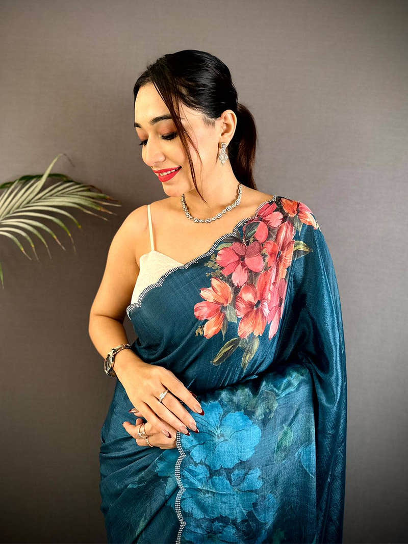 Teal Chinnon Stone Work Floral Saree