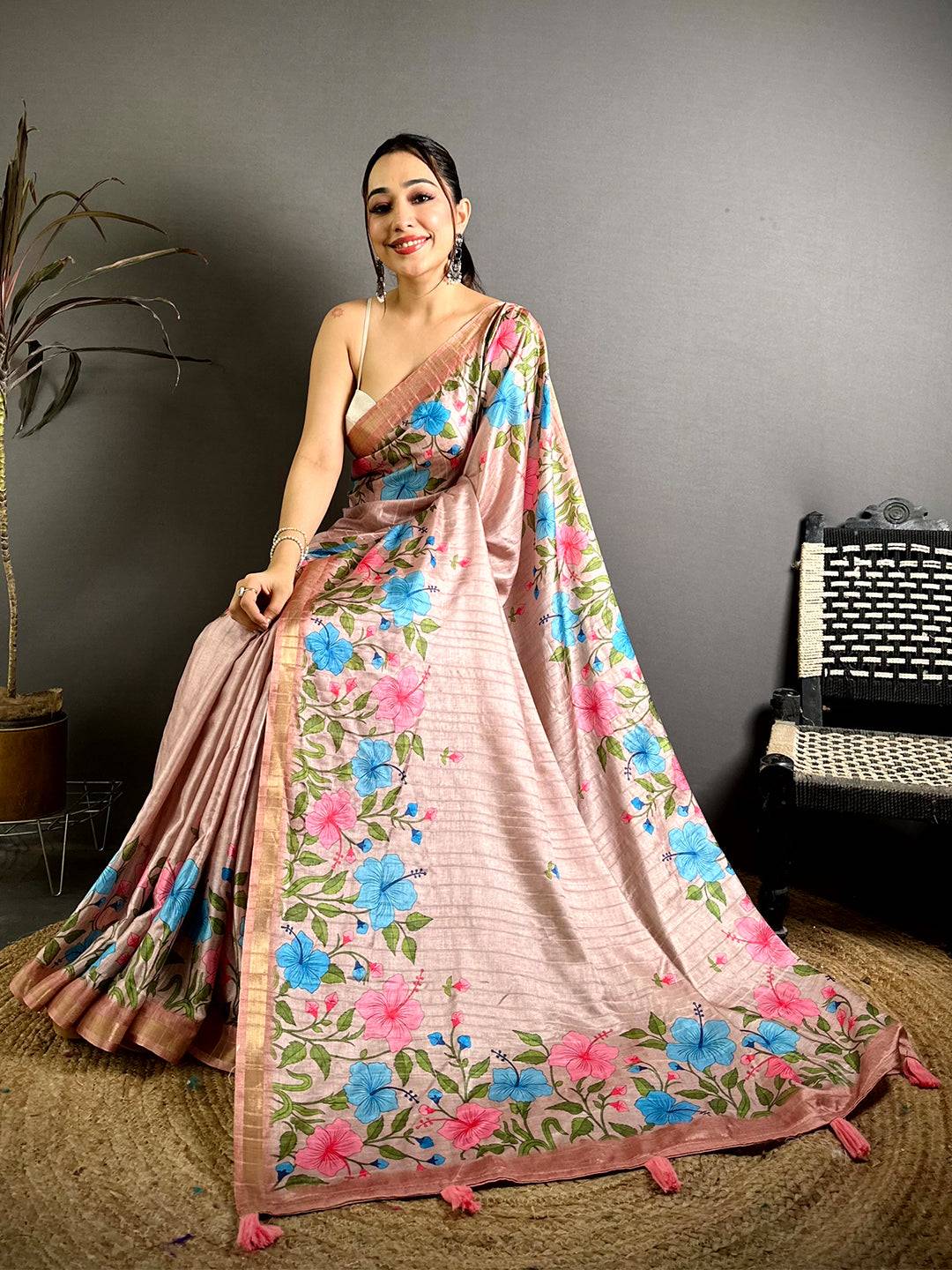 Artisan Ghicha Silk Printed Tussar Saree