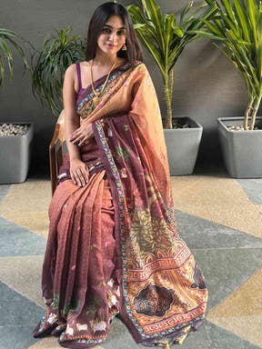 Soft Linen Ombre Pichwai Wine Saree, seated view