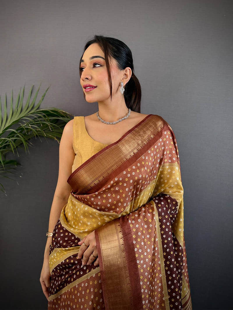 Brown Soft Dola Bandhej Print Saree