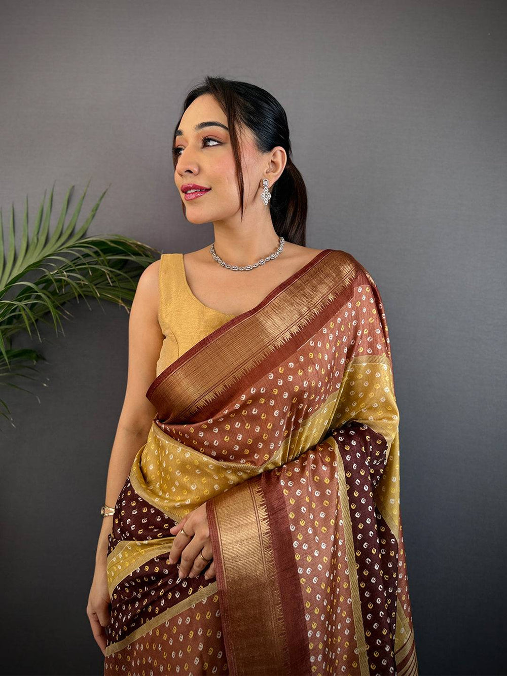 Brown Soft Dola Bandhej Print Saree