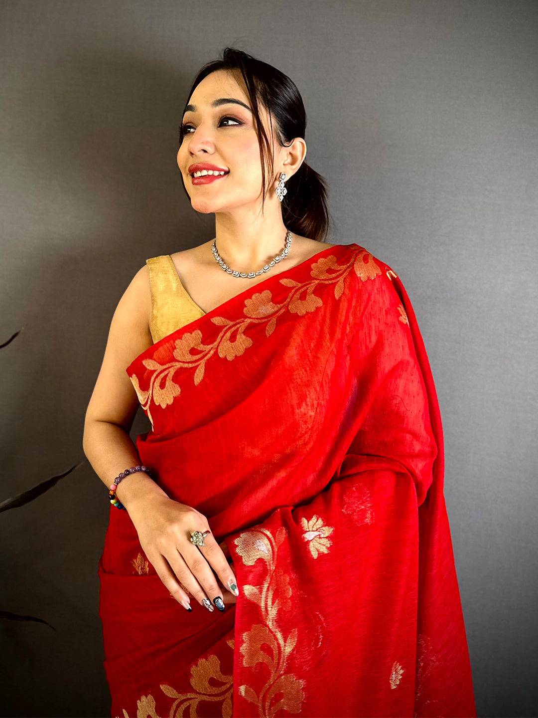 Red Peacock Zari Munga Saree