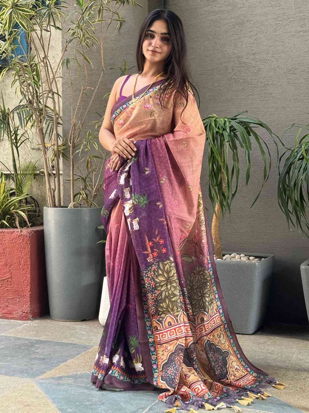 Elegant purple ombre Pichwai saree with intricate patterns