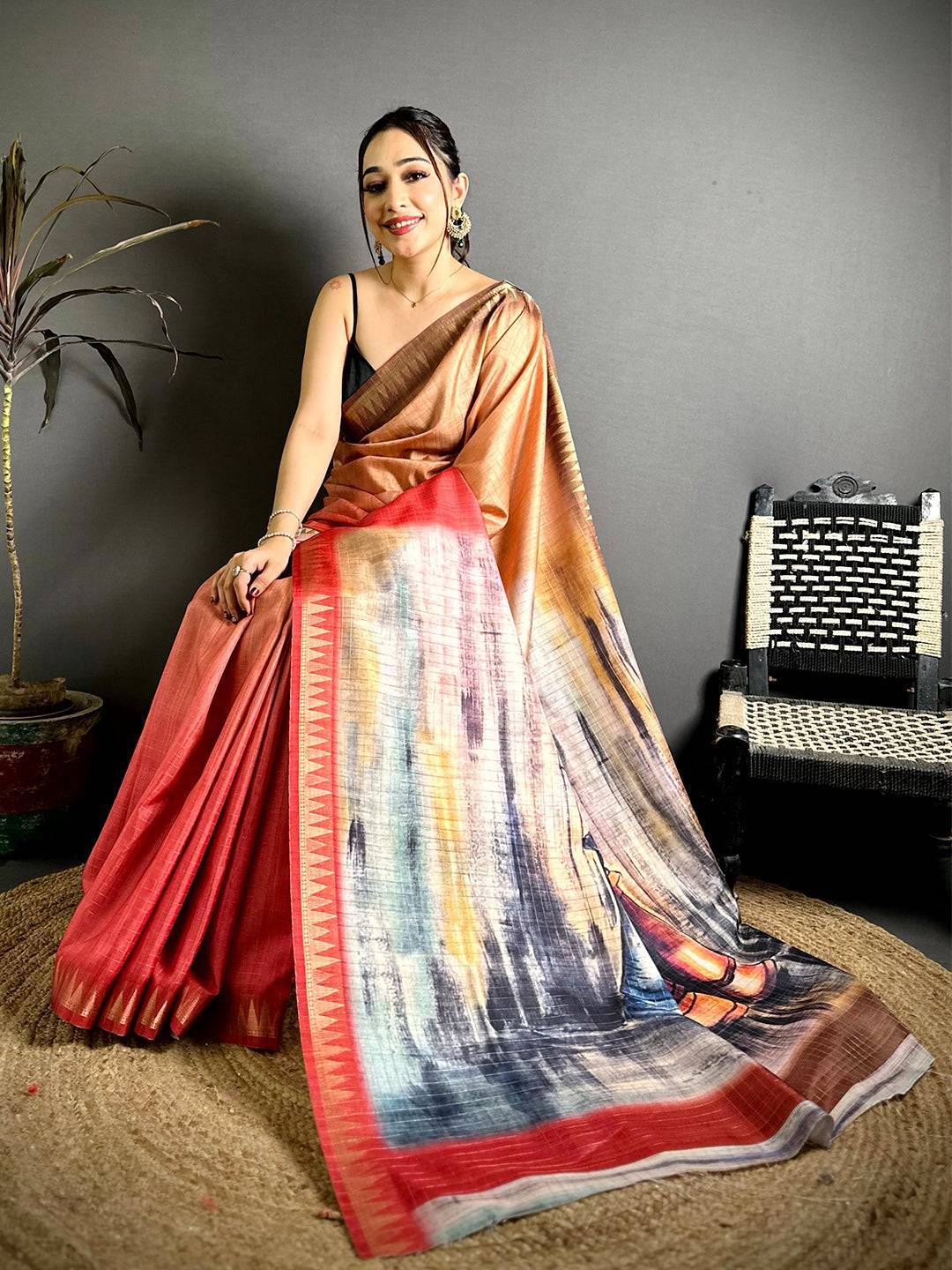 Designer Half Half Tussar Saree with Zari Checks