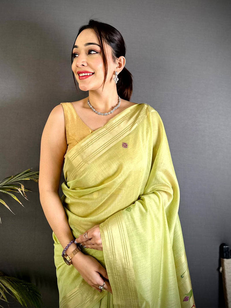 Lime Green Swan Minakari Linen Saree