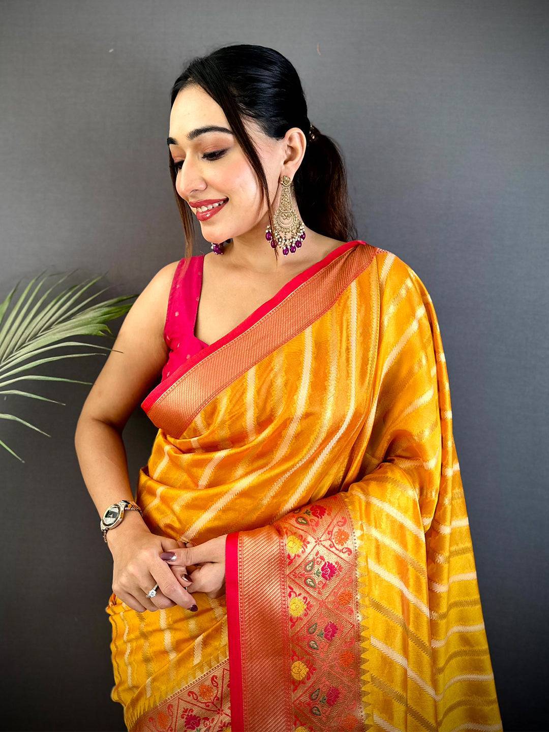 Yellow Banarasi Lehriya Katan Silk Saree

