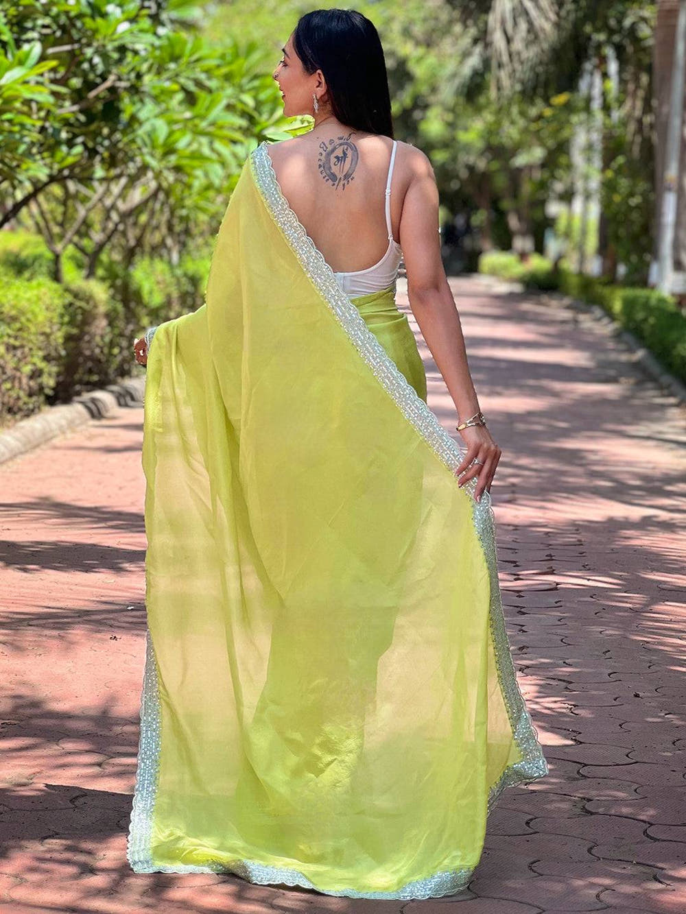 Back View of Carnation Green Viscose Saree with Embroidery