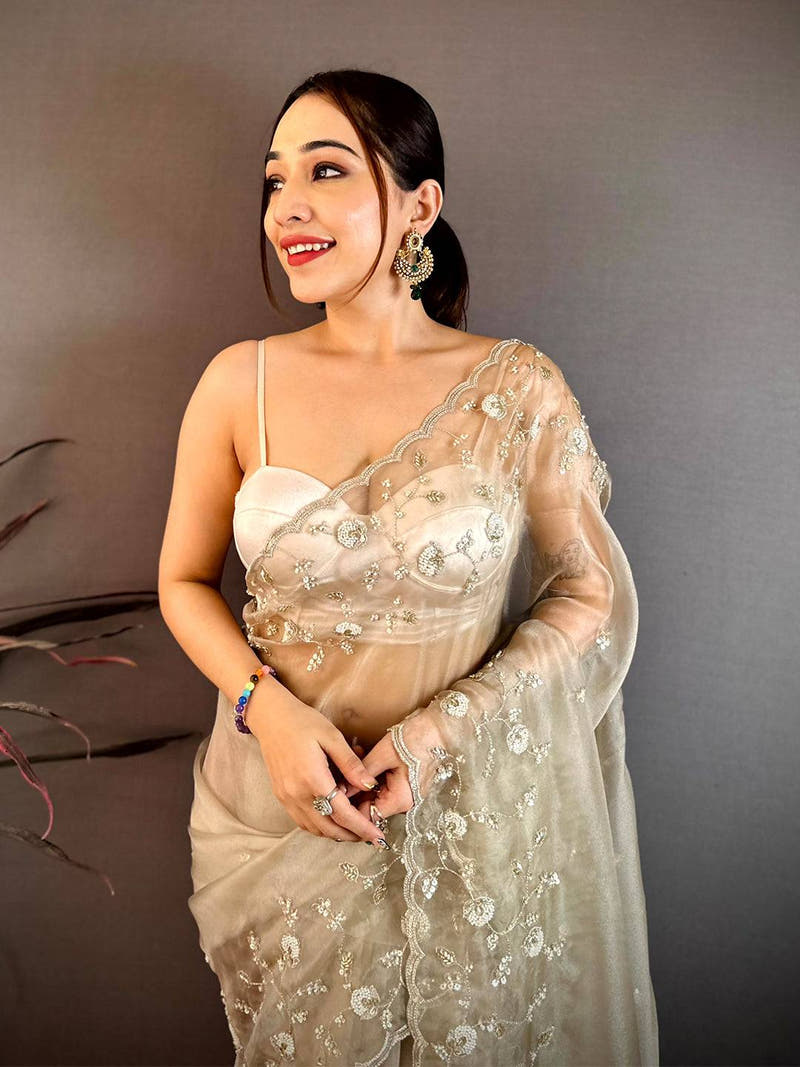 Off White Pearl Sequin Embroidered Organza Saree