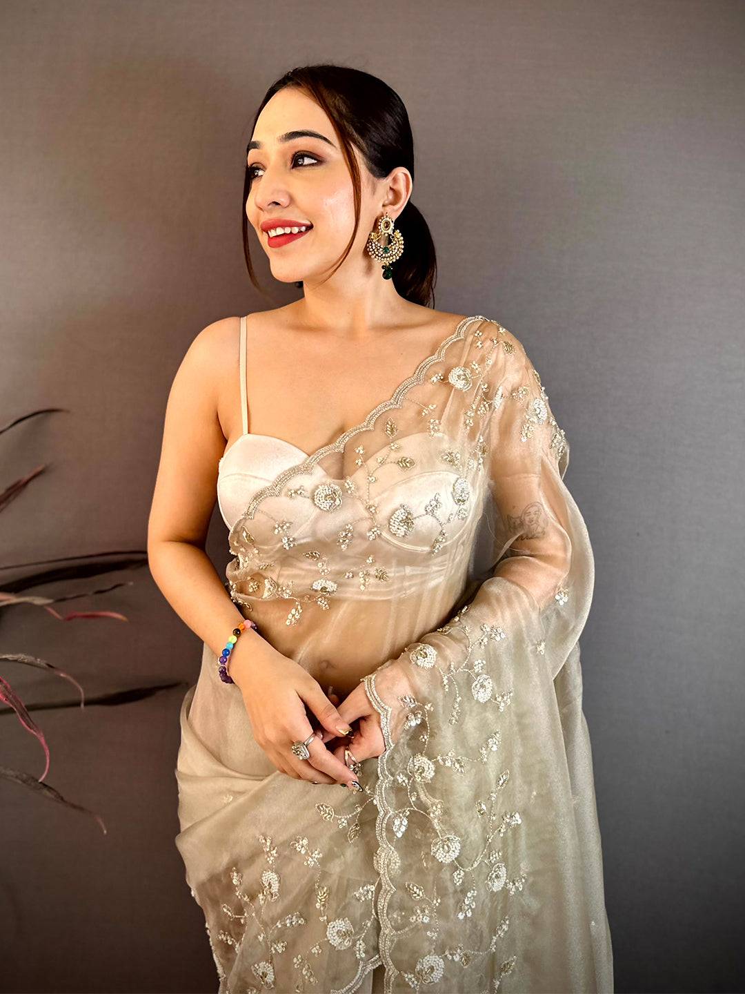 Off White Pearl Sequin Embroidered Organza Saree