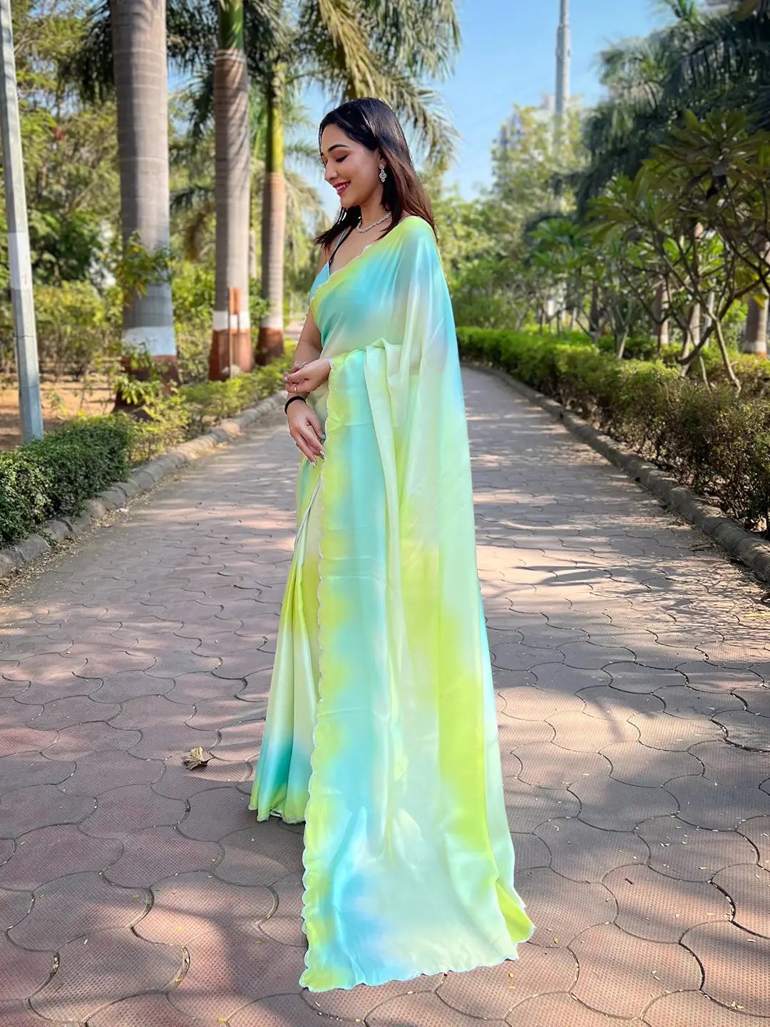 Stylish Blue Colour Omber Print Saree with Stone Work