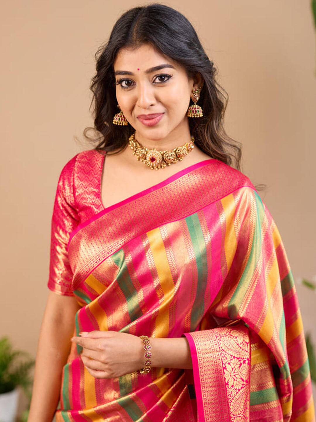 Radiant Pink-Gold Stripe Saree