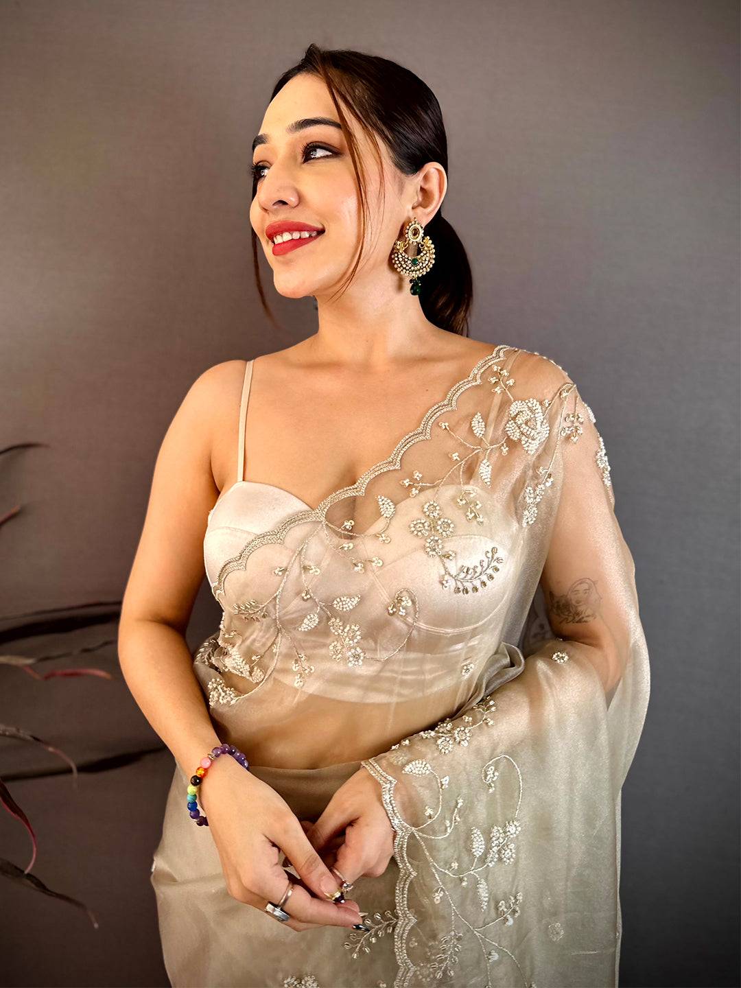 Regal Pearl Embroidered Glass Organza Saree