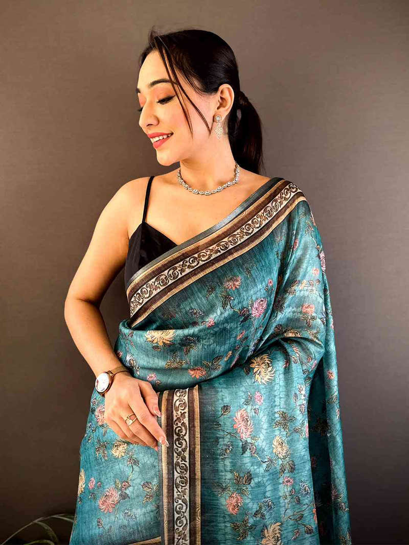 Teal Gold Zari Chanderi Phulkari Saree