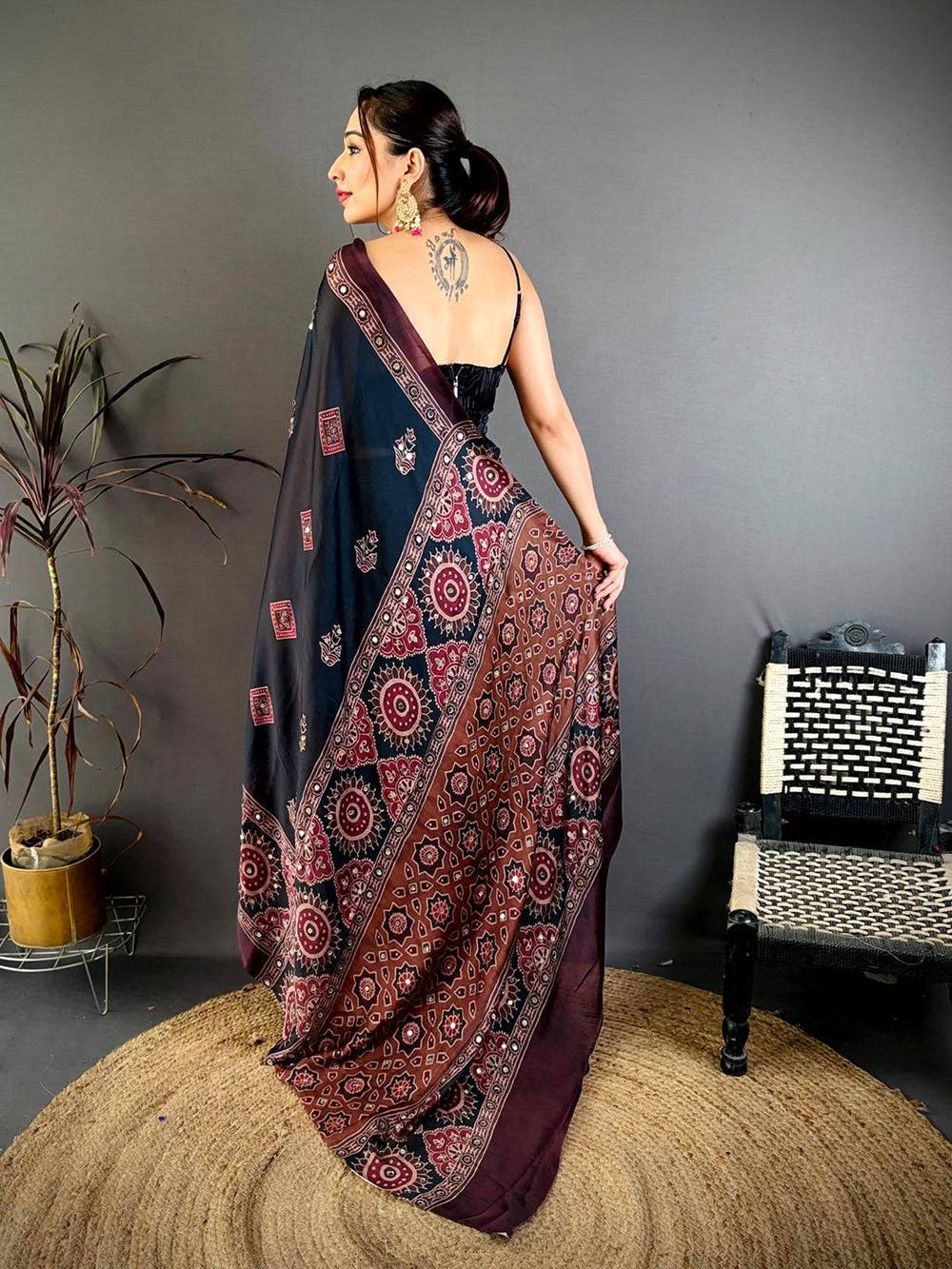 Stylish Ajrakh Print Mirror Work Saree