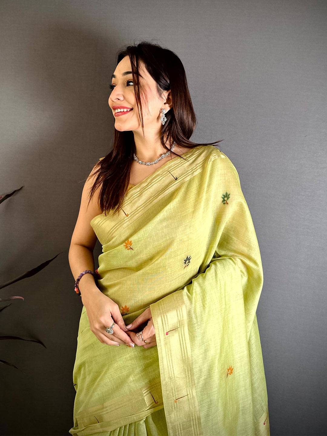 Lime Munia Minakari Khadi Saree