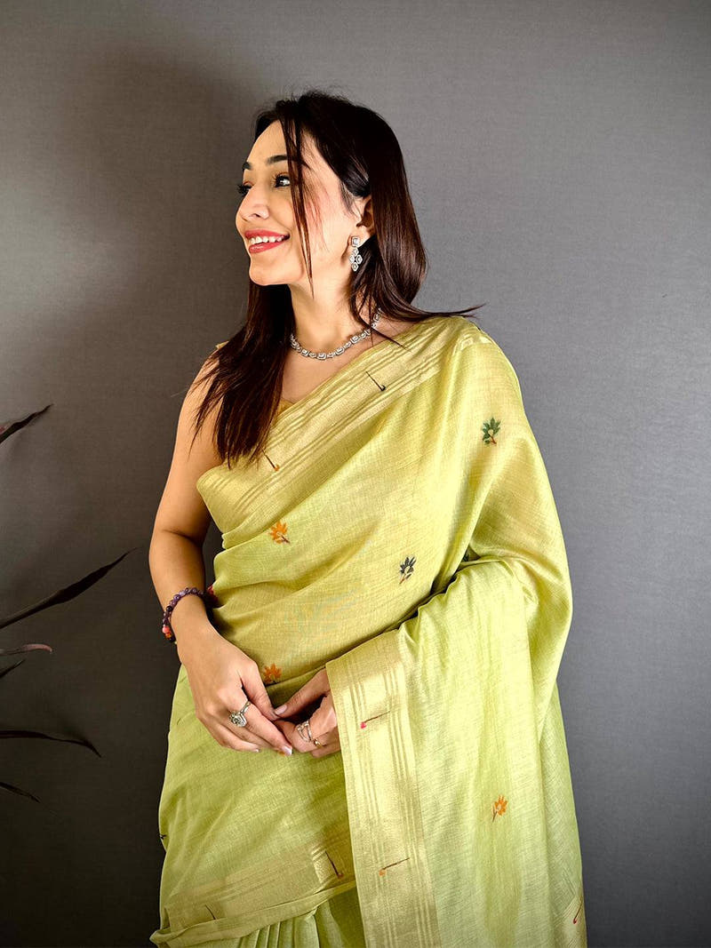 Lime Munia Minakari Khadi Saree