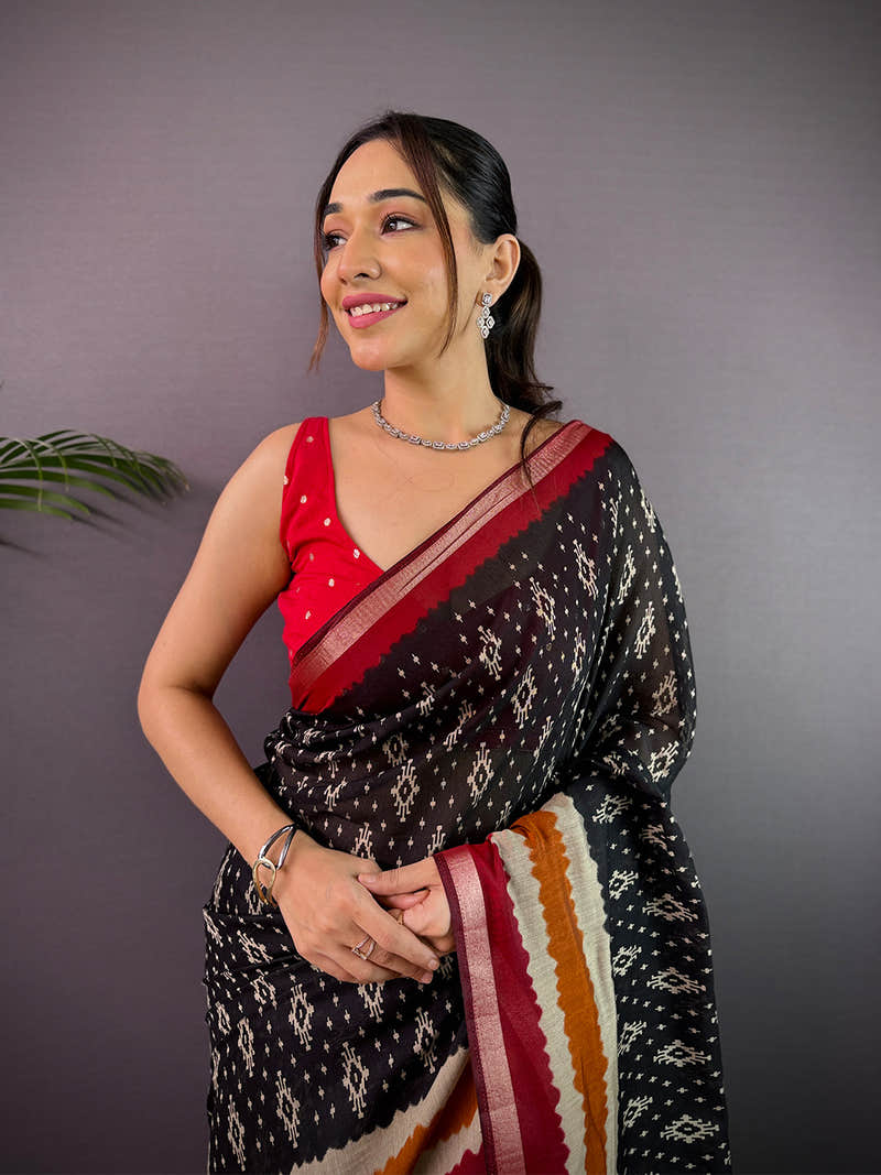 Black Cotton Viscose Ikkat Print Saree