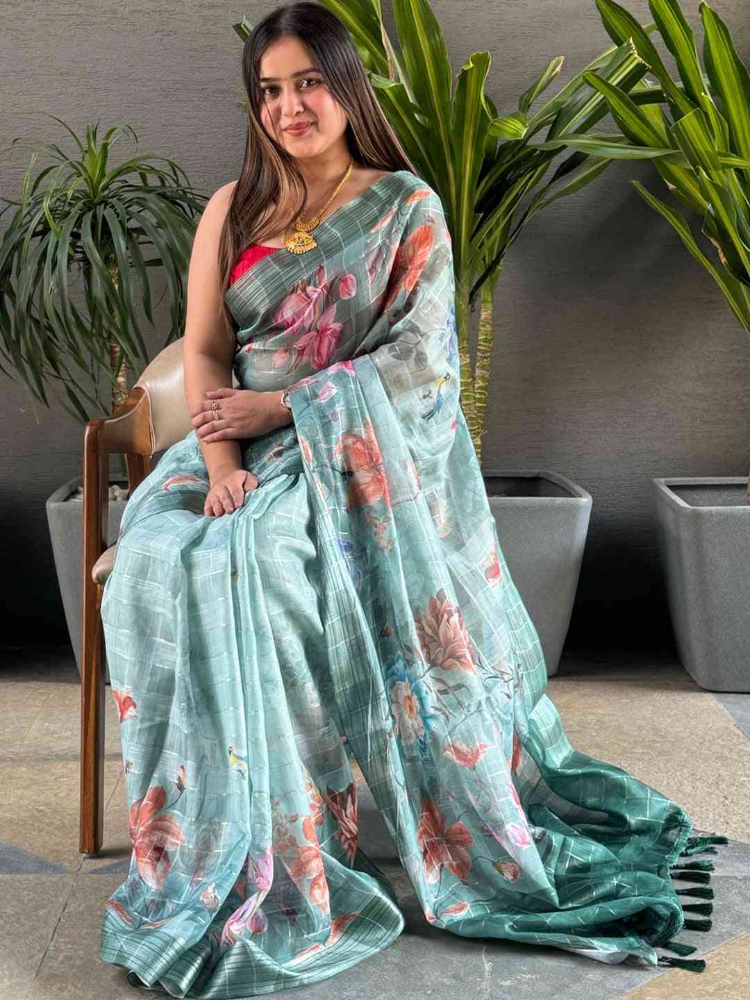 Turquoise Colour Self Zari Chex Weaving Floral Print Saree