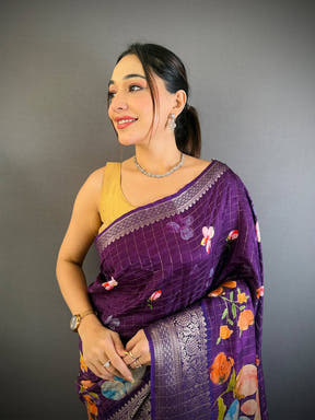Deep Purple Floral Kalamkari Viscose Saree
