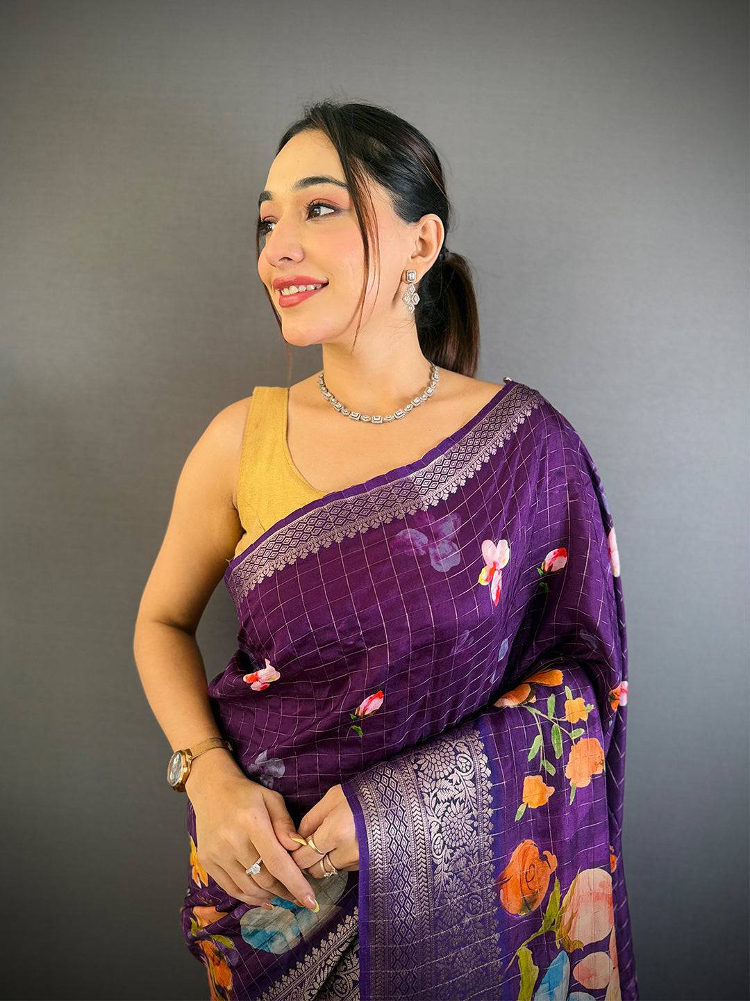 Deep Purple Floral Kalamkari Viscose Saree