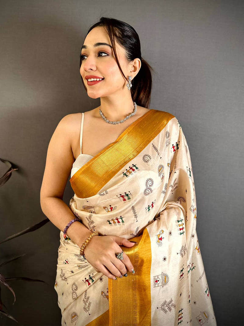 Yellow Soft Dola Silk Warli Print Saree