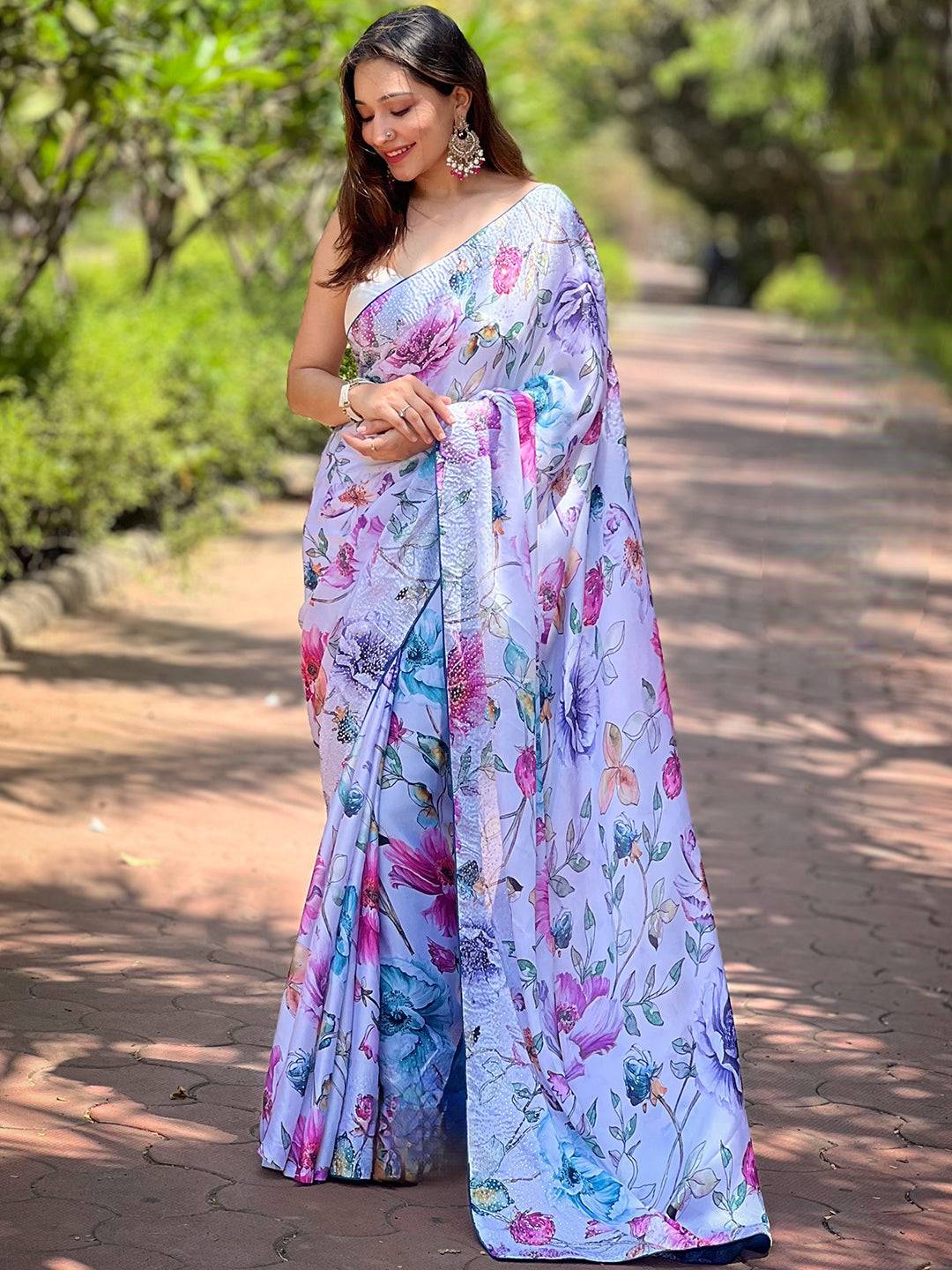 Full view of Satin Georgette Off White Floral Digital Print Saree