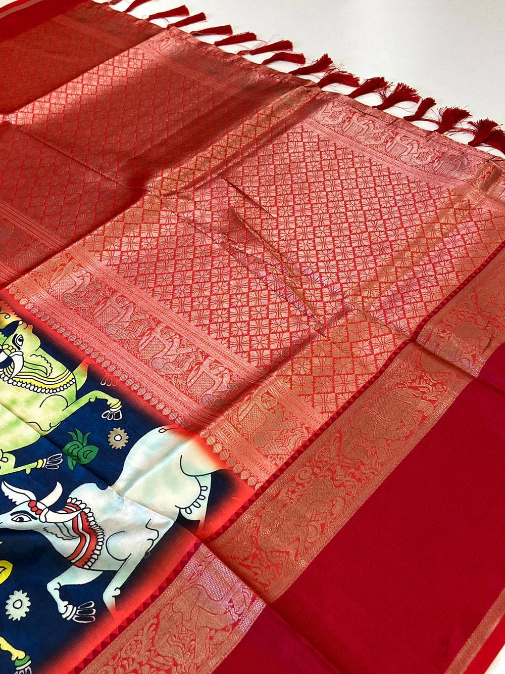 Elegant Navy Blue Kalamkari Banarasi Saree