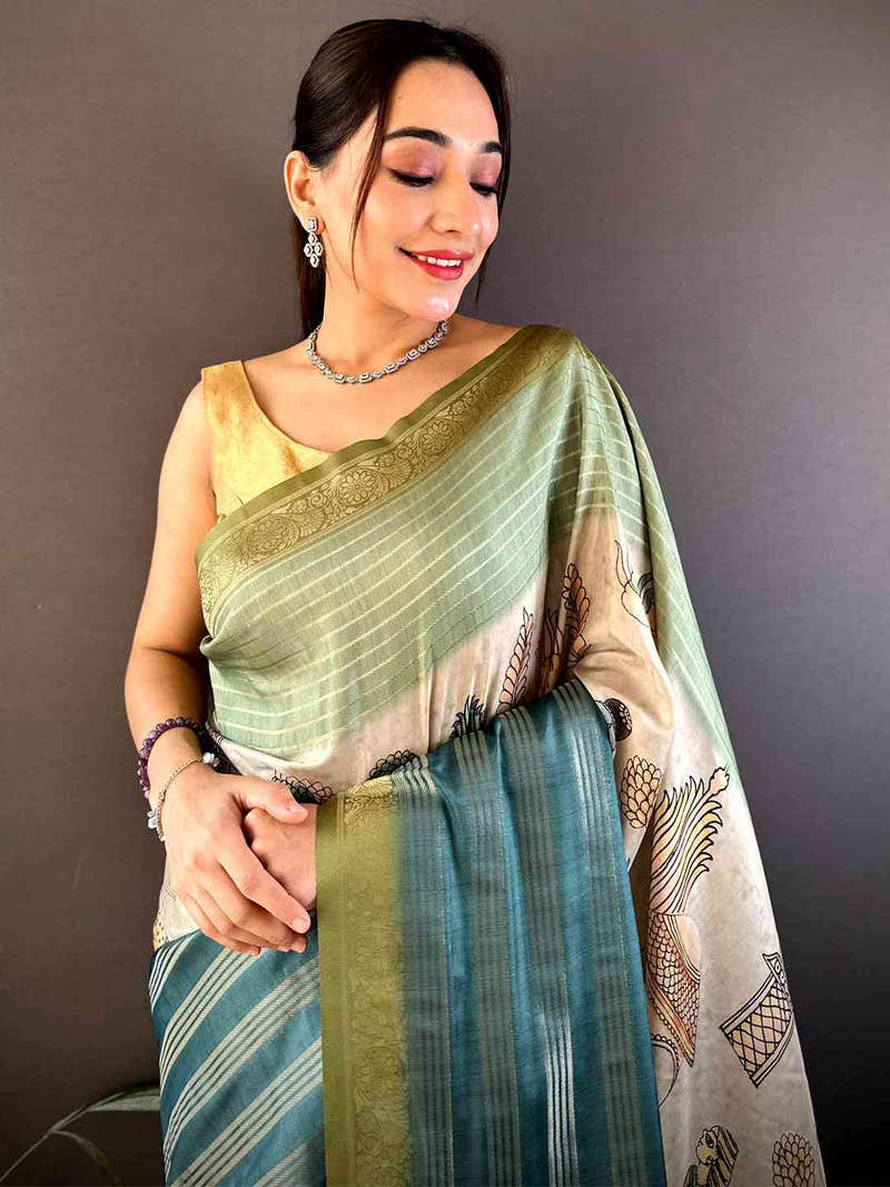 Pista Soft Crepe Silk Ombre Print Saree