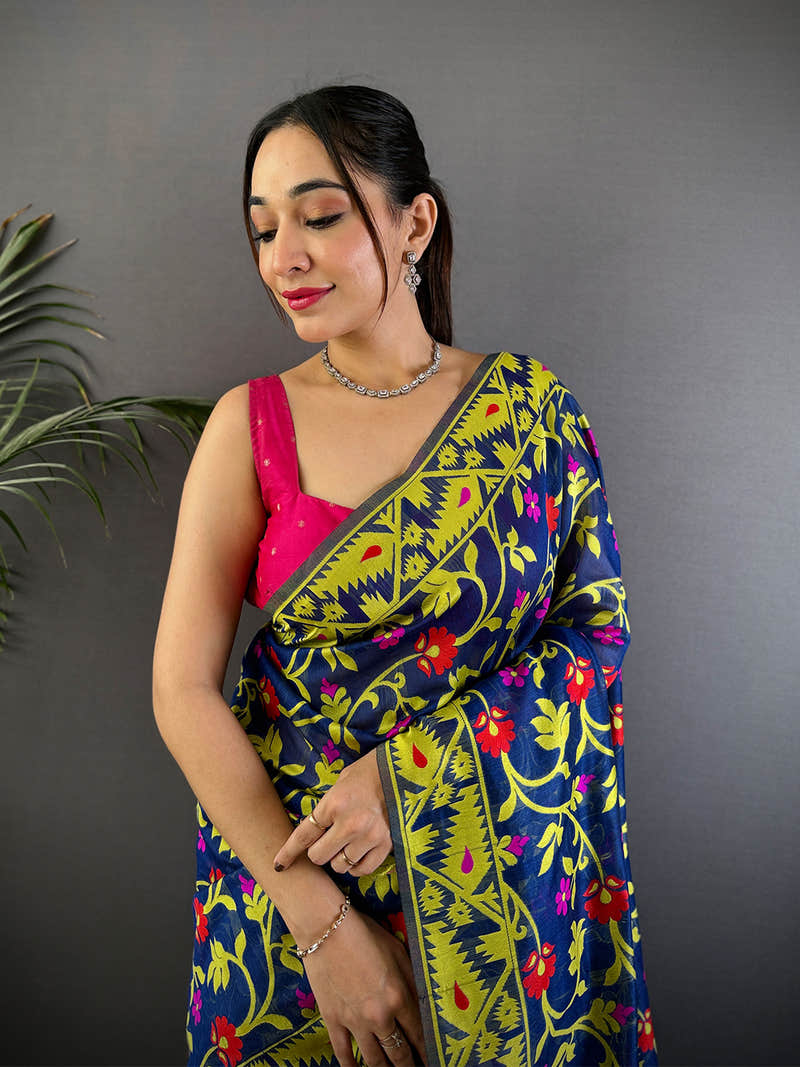 Navy Blue Dhakai Jamdani Cotton Silk Saree