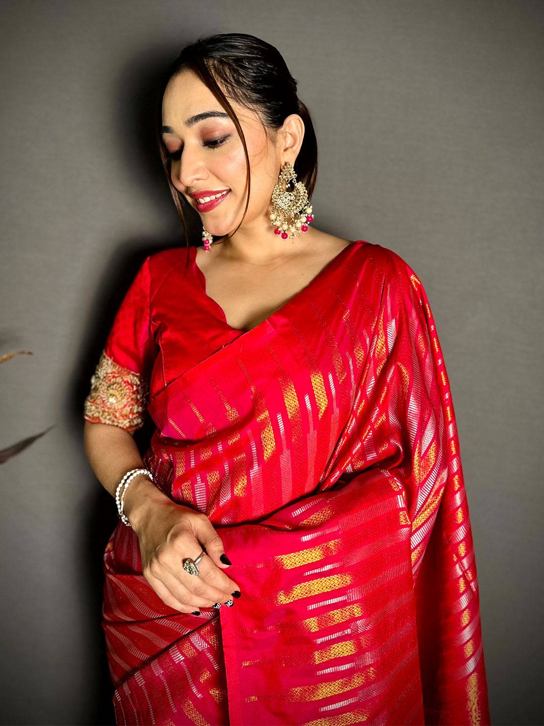 Pink Soft Silk Striped Weave Saree