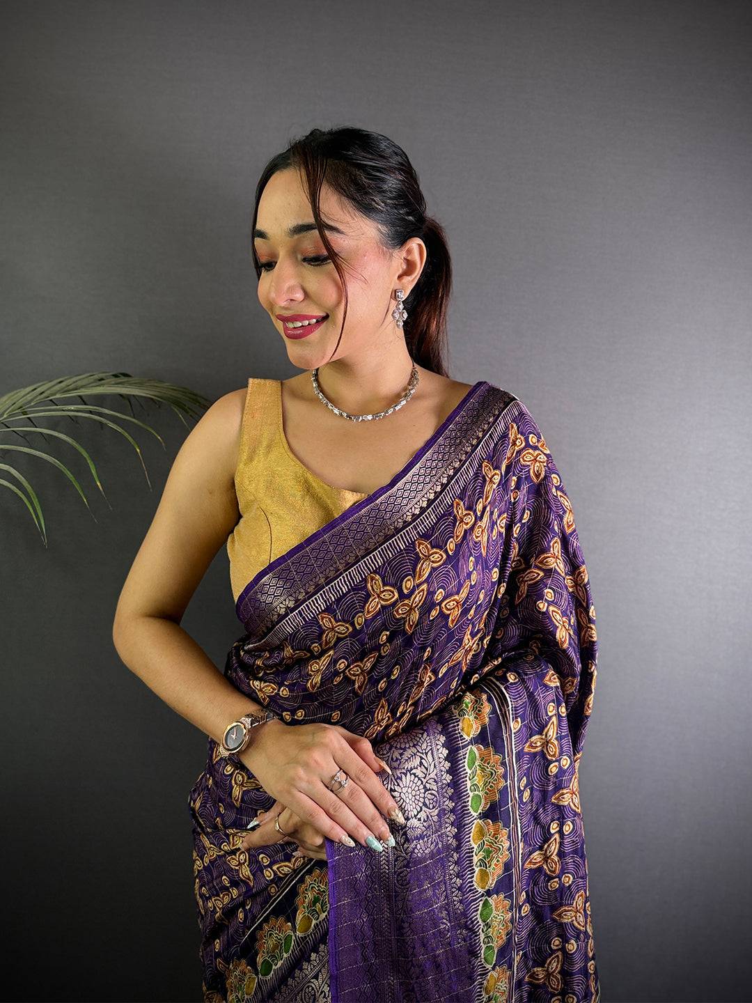 Royal Purple Ajrak Print Viscose Saree