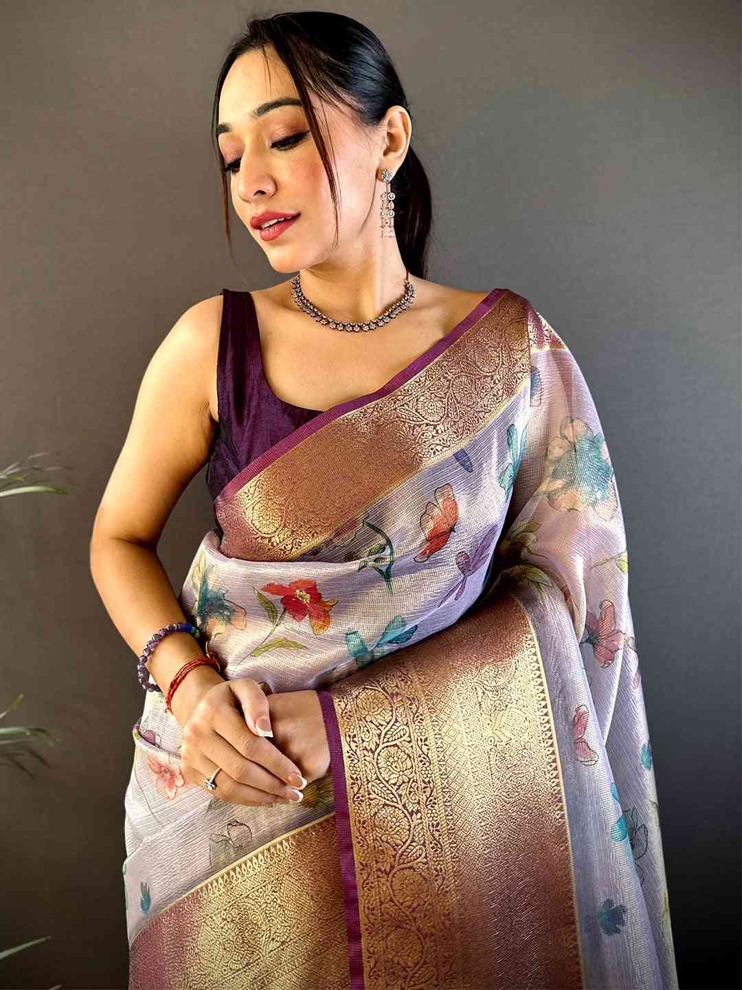 Lavender Floral Gold Zari Tissue Saree