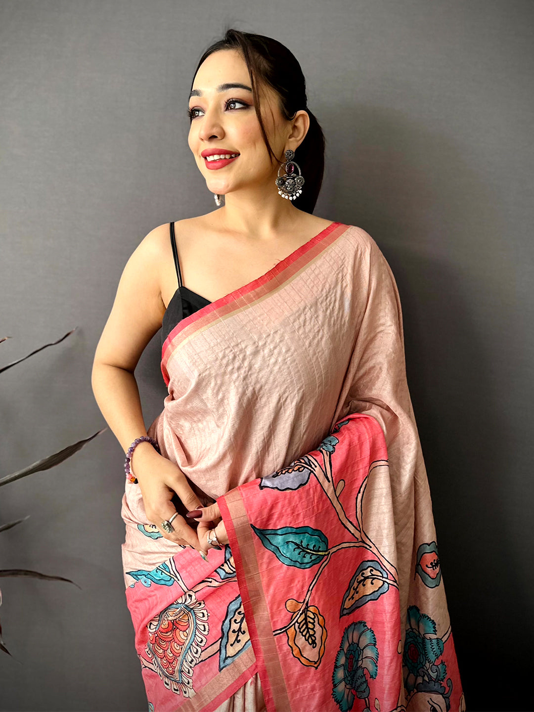 Majestic Tussar Ghicha Kalamkari Saree